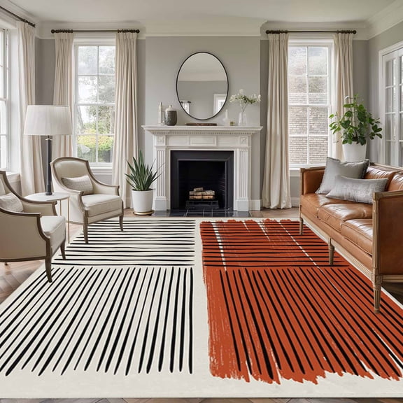 8'x10' Area Rugs, Brown Striped Indoor Outdoor Area Rug for Living Room Bedroom, Farmhouse Stripes Modern Abstract Art Washable Bathroom Rugs Kitchen Floor Carpet Mats Home Decor Aesthetic