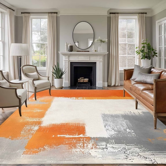 8'x10' Area Rugs, Burnt Orange Gray Indoor Outdoor Area Rug for Living Room Bedroom, Geometric Oil Painted Abstract Modern Washable Bathroom Rugs Kitchen Floor Carpet Mats Home Decor Aesthetic