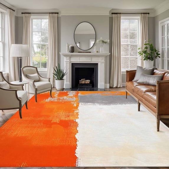8'x10' Area Rugs, Burnt Orange Grey Indoor Outdoor Area Rug for Living Room Bedroom, Abstract Modern Geometric Oil Painted Washable Bathroom Rugs Kitchen Floor Carpet Mats Home Decor Aesthetic