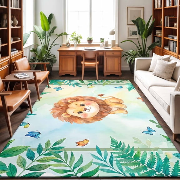 8'x10' Area Rugs, Cartoon Lion Indoor Outdoor Area Rug for Living Room Bedroom, Summer Butterfly Flowers Tropical Palm Plants Washable Bathroom Rugs Kitchen Floor Carpet Mats Home Decor Aesthetic