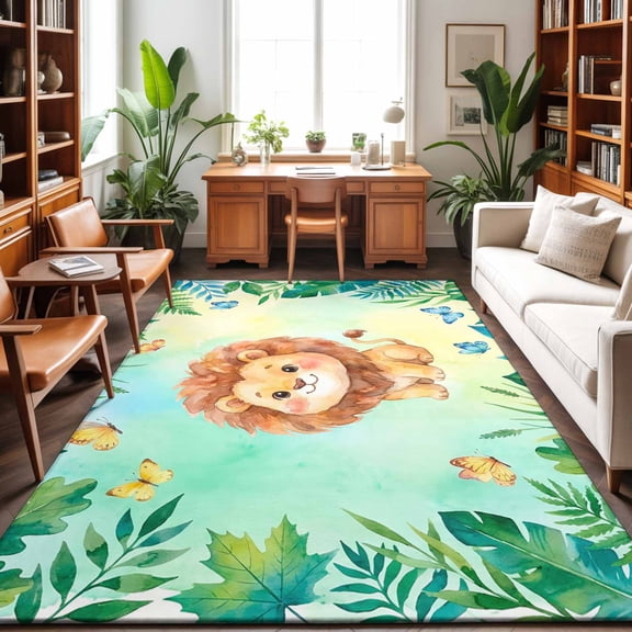 8'x10' Area Rugs, Cartoon Wolf Indoor Outdoor Area Rug for Living Room Bedroom, Summer Butterfly Fern Tropical Palm Plants Washable Bathroom Rugs Kitchen Floor Carpet Mats Home Decor Aesthetic