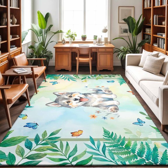 8'x10' Area Rugs, Cartoon Wolf Indoor Outdoor Area Rug for Living Room Bedroom, Summer Butterfly Flowers Tropical Palm Plants Washable Bathroom Rugs Kitchen Floor Carpet Mats Home Decor Aesthetic