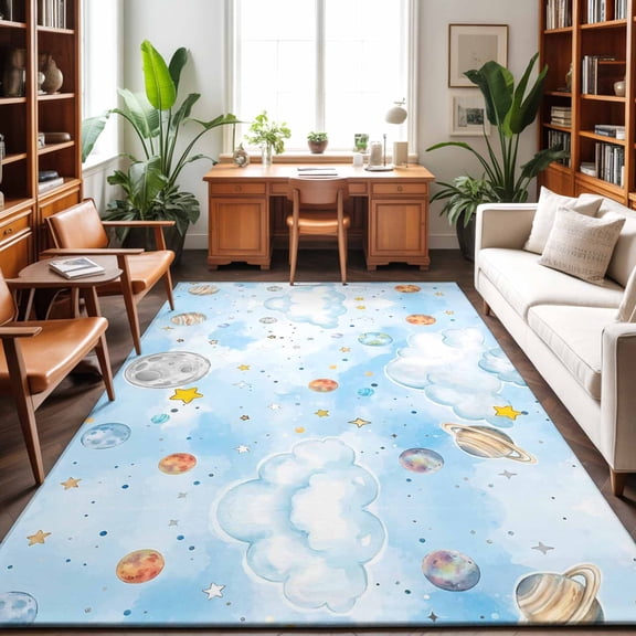 8'x10' Area Rugs, Children's Day Indoor Outdoor Area Rug for Living Room Bedroom, Galaxy Universe Stars Planets Moons Washable Bathroom Rugs Kitchen Floor Carpet Mats Home Decor Aesthetic