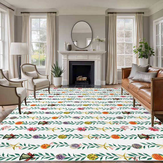 8'x10' Area Rugs, Christmas Indoor Outdoor Area Rug for Living Room Bedroom, Green Botanical Xmas Balls Star Washable Bathroom Rugs Kitchen Floor Carpet Mats Home Decor Aesthetic