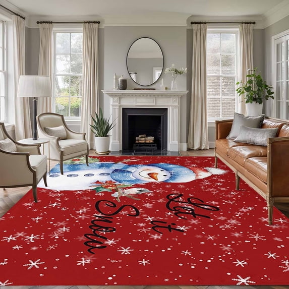 8'x10' Area Rugs, Christmas Snowman Indoor Outdoor Area Rug for Living Room Bedroom, Xmas Birds Winter Snowflake Red Washable Bathroom Rugs Kitchen Floor Carpet Mats Home Decor Aesthetic