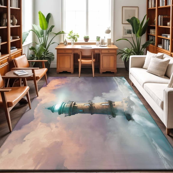 8'x10' Area Rugs, Coastal Lighthouse Indoor Outdoor Area Rug for Living Room Bedroom, Fancy Cloud Ocean Waves Summer Washable Bathroom Rugs Kitchen Floor Carpet Mats Home Decor Aesthetic