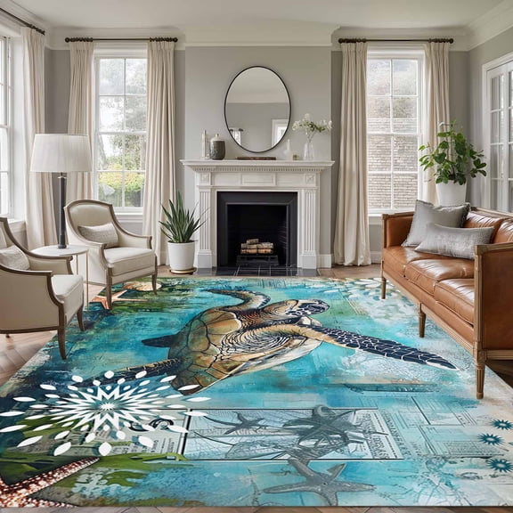 8'x10' Area Rugs, Coastal Sea Turtle Indoor Outdoor Area Rug for Living Room Bedroom, Nautical Beach Starfish Coral Teal Washable Bathroom Rugs Kitchen Floor Carpet Mats Home Decor Aesthetic