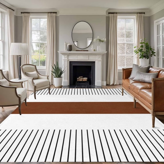 8'x10' Area Rugs, Contemporary Brown Indoor Outdoor Area Rug for Living Room Bedroom, Modern Art Boho Striped Black Washable Bathroom Rugs Kitchen Floor Carpet Mats Home Decor Aesthetic