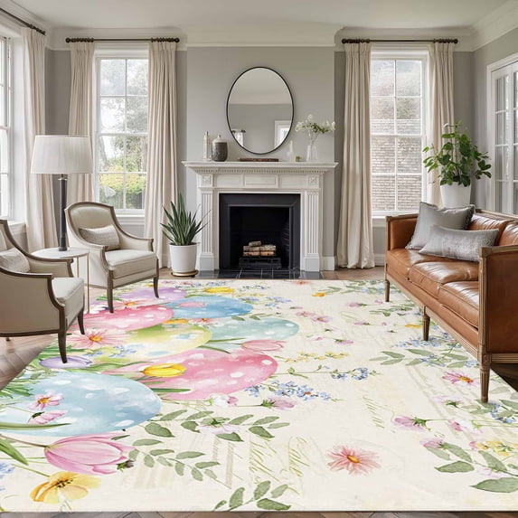 8'x10' Area Rugs, Easter Eggs Indoor Outdoor Area Rug for Living Room Bedroom, Spring Daisy Eucalyptus Leaves Vintage Washable Bathroom Rugs Kitchen Floor Carpet Mats Home Decor Aesthetic