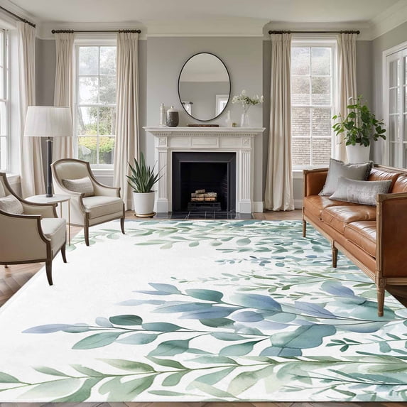 8'x10' Area Rugs, Eucalyptus Leaves Indoor Outdoor Area Rug for Living Room Bedroom, Teal Botanical Weeping Summer Washable Bathroom Rugs Kitchen Floor Carpet Mats Home Decor Aesthetic