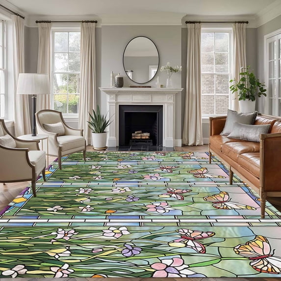 8'x10' Area Rugs, Farmhouse Botanical Indoor Outdoor Area Rug for Living Room Bedroom, Butterfly Vintage Green Blue Washable Bathroom Rugs Kitchen Floor Carpet Mats Home Decor Aesthetic