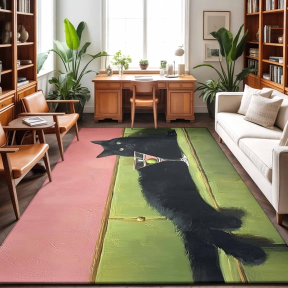 8'x10' Area Rugs, Funny Cat Indoor Outdoor Area Rug for Living Room Bedroom, Vintage Wine Animals Green Sofa Pink Washable Bathroom Rugs Kitchen Floor Carpet Mats Home Decor Aesthetic