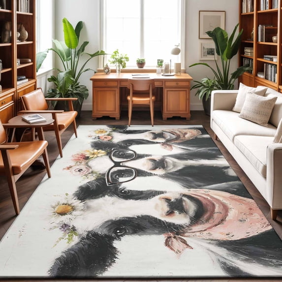 8'x10' Area Rugs, Funny Cows Indoor Outdoor Area Rug for Living Room Bedroom, Retro Country Animals Floral Wreath Farmhouse Beige Washable Bathroom Rugs Kitchen Floor Carpet Mats Home Decor Aesthetic