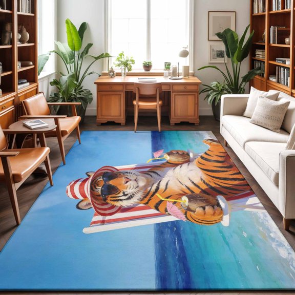 8'x10' Area Rugs, Funny Tiger Summer Beach Indoor Outdoor Area Rug for Living Room Bedroom, Blue Sand Vacations Washable Bathroom Rugs Kitchen Floor Carpet Mats Home Decor Aesthetic