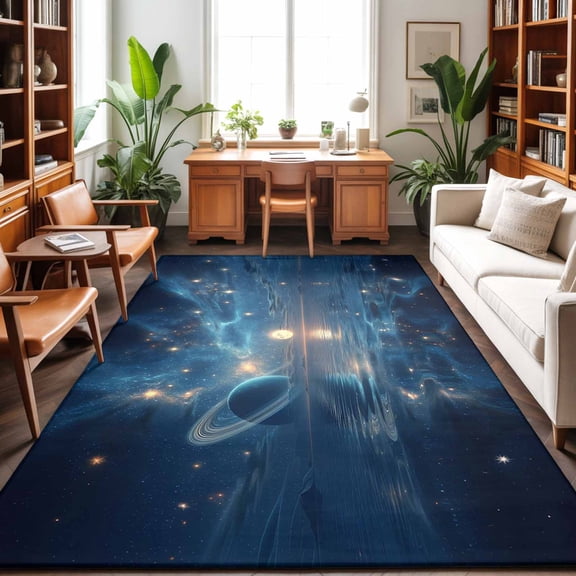 8'x10' Area Rugs, Galaxy Space Indoor Outdoor Area Rug for Living Room Bedroom, Universe Planets Sparkling Stars Moon Blue Washable Bathroom Rugs Kitchen Floor Carpet Mats Home Decor Aesthetic