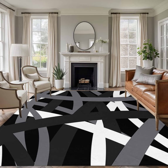 8'x10' Area Rugs, Gray Black Geometric Indoor Outdoor Area Rug for Living Room Bedroom, Modern Art Abstract Grey Line Washable Bathroom Rugs Kitchen Floor Carpet Mats Home Decor Aesthetic