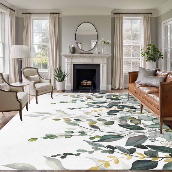 8'x10' Area Rugs, Green Eucalyptus Indoor Outdoor Area Rug for Living Room Bedroom, Watercolor Spring Weeping Botanical Washable Bathroom Rugs Kitchen Floor Carpet Mats Home Decor Aesthetic