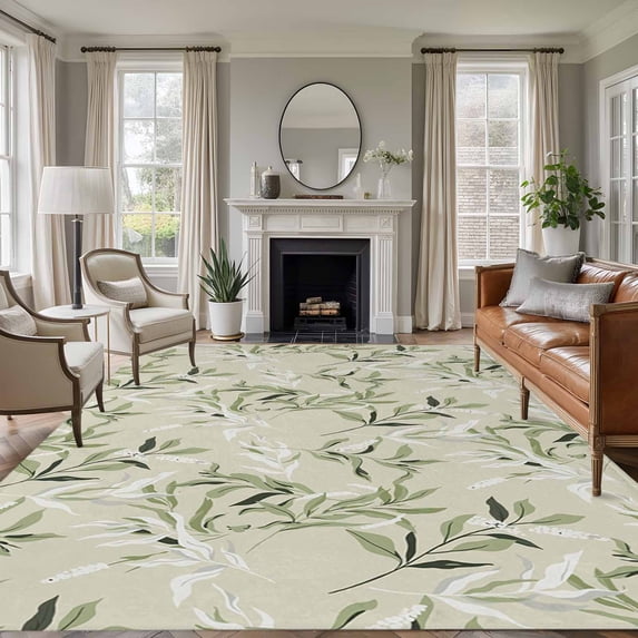 8'x10' Area Rugs, Green Eucalyptus Leaves Indoor Outdoor Area Rug for Living Room Bedroom, Spring Watercolor Plant Textured Washable Bathroom Rugs Kitchen Floor Carpet Mats Home Decor Aesthetic