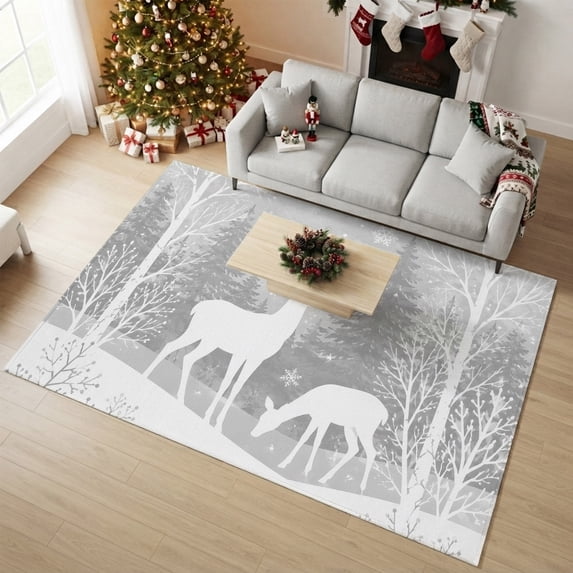 8'x10' Area Rugs, Grey Christmas Indoor Outdoor Area Rug for Living Room Bedroom, Xmas Elk Tree Snowflake Washable Bathroom Rugs Kitchen Floor Carpet Mats Home Decor