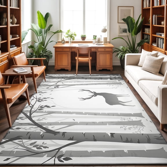 8'x10' Area Rugs, Grey Deer Indoor Outdoor Area Rug for Living Room Bedroom, Rustic Woodland Misty Forest Elk Natural Scenery Washable Bathroom Rugs Kitchen Floor Carpet Mats Home Decor Aesthetic