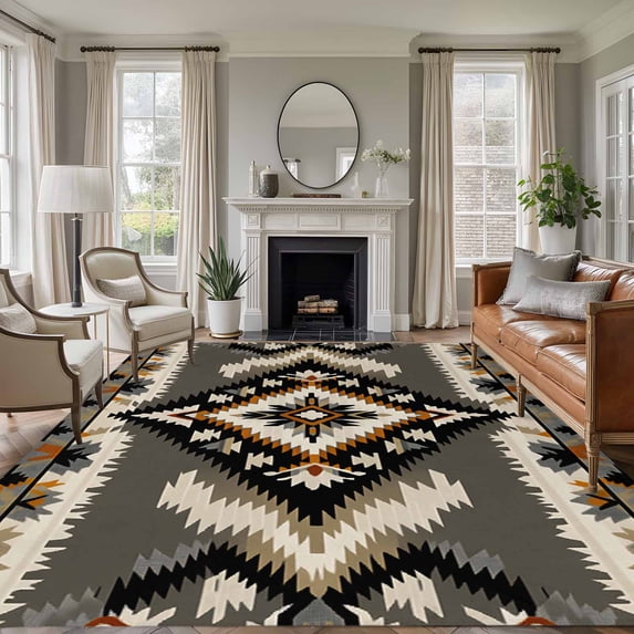 8'x10' Area Rugs, Grey Orange Black Indoor Outdoor Area Rug for Living Room Bedroom, Boho Ethnic Geometric Southwestern Washable Bathroom Rugs Kitchen Floor Carpet Mats Home Decor Aesthetic
