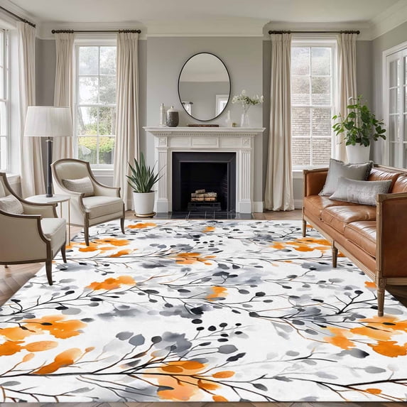 8'x10' Area Rugs, Grey Orange Spring Floral Indoor Outdoor Area Rug for Living Room Bedroom, Summer Botanical Farmhouse Washable Bathroom Rugs Kitchen Floor Carpet Mats Home Decor Aesthetic