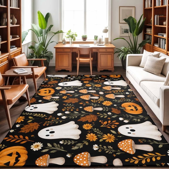 8'x10' Area Rugs, Halloween Indoor Outdoor Area Rug for Living Room Bedroom, Funny Ghost Pumpkins Mushrooms Botanical Washable Bathroom Rugs Kitchen Floor Carpet Mats Home Decor Aesthetic