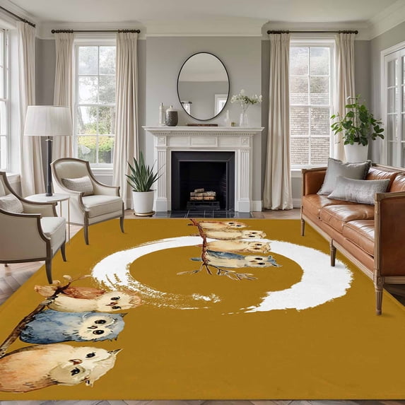 8'x10' Area Rugs, Japanese Style Indoor Outdoor Area Rug for Living Room Bedroom, Brown Country Vintage Owl Birds Branches Washable Bathroom Rugs Kitchen Floor Carpet Mats Home Decor Aesthetic