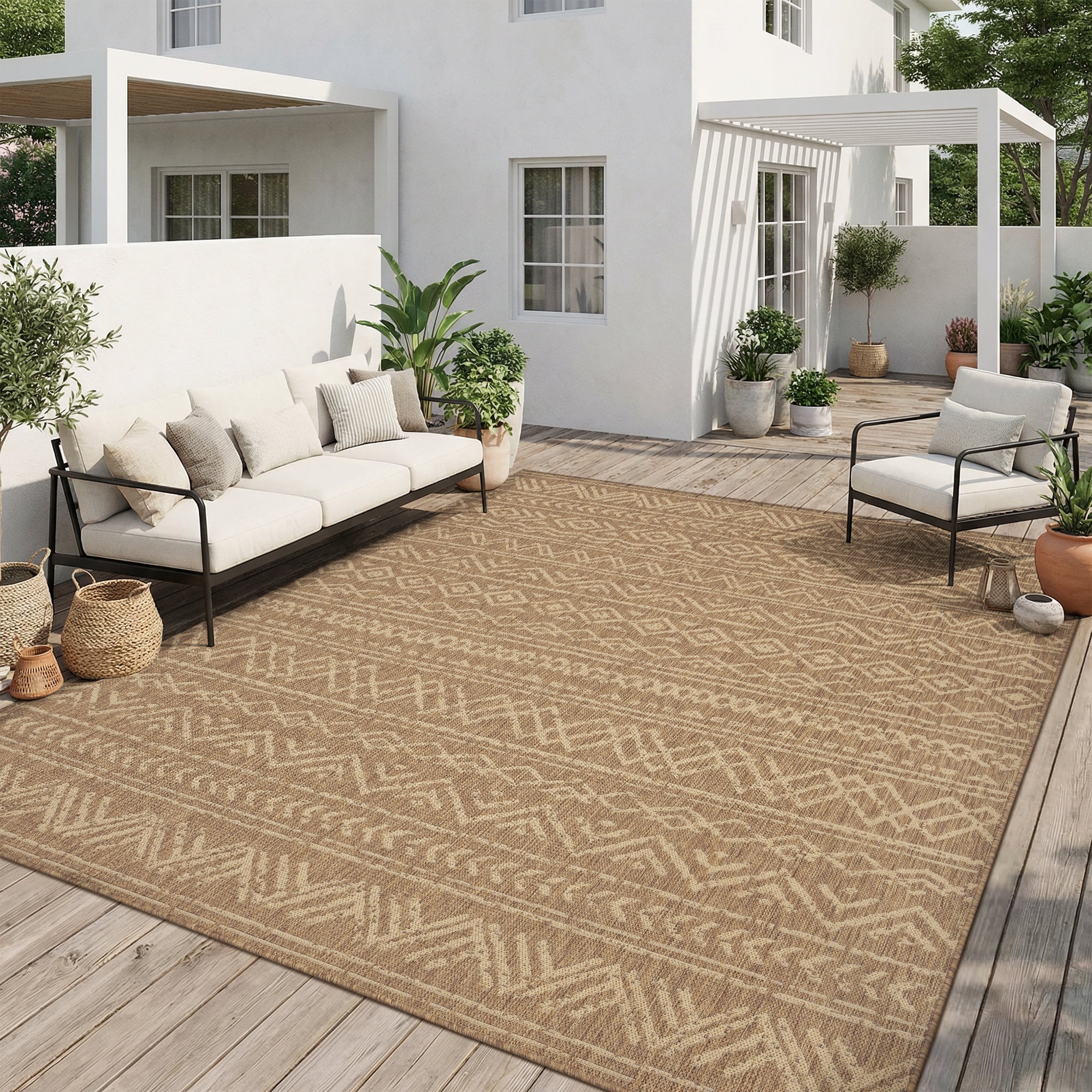 SIXHOME Outdoor Rugs 8'x10' Patio Rug Boho Geometric Indoor Outdoor Rugs Polypropylene Washable Non Shedding, Easy Clean, Waterproof, Durable Outdoor Carpet for Porch Balcony Deck Neutral Brown