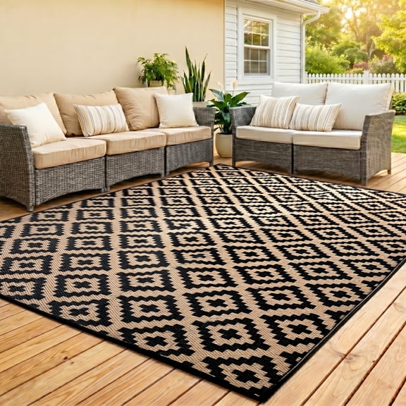 ZRSDIXK 5'×8' Outdoor Rug Waterproof Patio Carpet Outdoor Area Rug Large Plastic Straw Mat for RV Camping Porch Deck Balcony, Black and Brown
