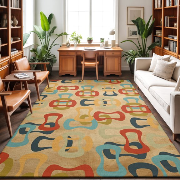 8'x10' Area Rugs, Middle Century Indoor Outdoor Area Rug for Living Room Bedroom, Abstract Geometric Colorful Rings Brown Washable Bathroom Rugs Kitchen Floor Carpet Mats Home Decor Aesthetic