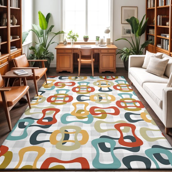 8'x10' Area Rugs, Middle Century Indoor Outdoor Area Rug for Living Room Bedroom, Abstract Geometric Colorful Rings Vintage Washable Bathroom Rugs Kitchen Floor Carpet Mats Home Decor Aesthetic