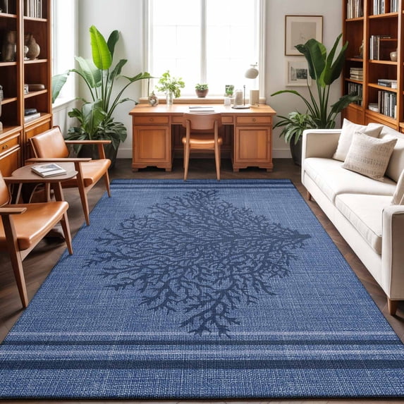 8'x10' Area Rugs, Navy Blue Coral Indoor Outdoor Area Rug for Living Room Bedroom, Coastal Summer Beach Ocean Buralp Washable Bathroom Rugs Kitchen Floor Carpet Mats Home Decor Aesthetic