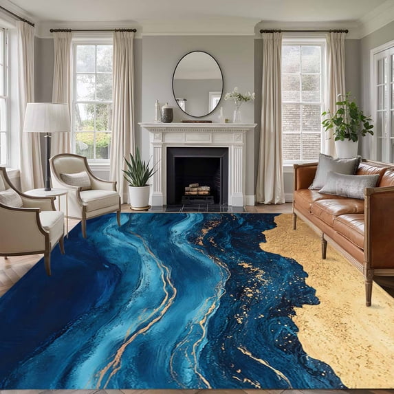 8'x10' Area Rugs, Navy Blue Indoor Outdoor Area Rug for Living Room Bedroom, Modern Abstract Luxury Golden Washable Bathroom Rugs Kitchen Floor Carpet Mats Home Decor Aesthetic