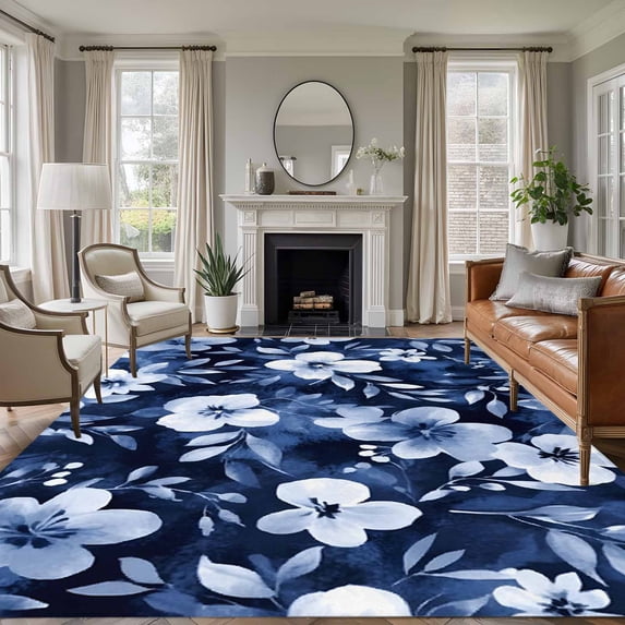 8'x10' Area Rugs, Navy Blue Spring Floral Indoor Outdoor Area Rug for Living Room Bedroom, Summer Botanical Abstract Art Washable Bathroom Rugs Kitchen Floor Carpet Mats Home Decor Aesthetic
