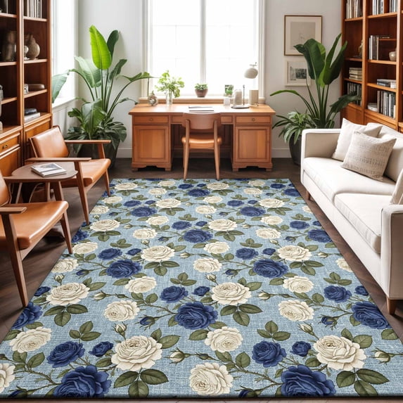 8'x10' Area Rugs, Navy Blue White Floral Indoor Outdoor Area Rug for Living Room Bedroom, Vintage Blue Leaves Botanical Washable Bathroom Rugs Kitchen Floor Carpet Mats Home Decor Aesthetic