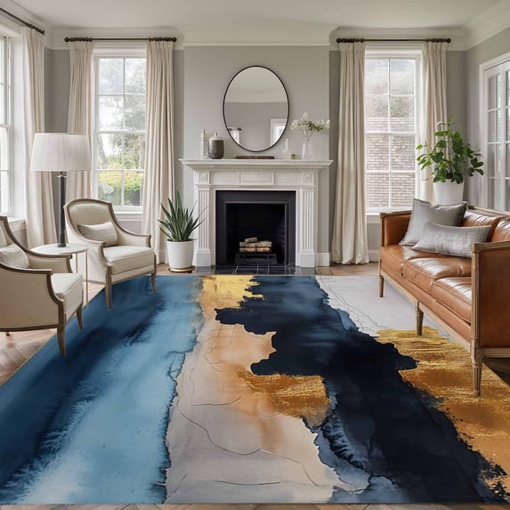 8'x10' Area Rugs, Navy Blue Yellow Indoor Outdoor Area Rug for Living Room Bedroom, Color Block Abstract Vintage Modern Washable Bathroom Rugs Kitchen Floor Carpet Mats Home Decor Aesthetic