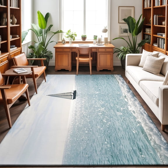 8'x10' Area Rugs, Ocean Sailboats Indoor Outdoor Area Rug for Living Room Bedroom, Blue Coastal Waves Sky Nature Seascape Washable Bathroom Rugs Kitchen Floor Carpet Mats Home Decor Aesthetic