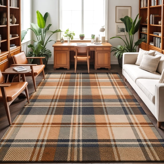 8'x10' Area Rugs, Orange Blue Checkered Indoor Outdoor Area Rug for Living Room Bedroom, Fall Farmhouse Buffalo Plaid Washable Bathroom Rugs Kitchen Floor Carpet Mats Home Decor Aesthetic