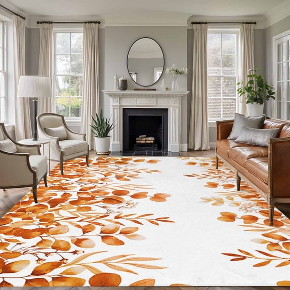8'x10' Area Rugs, Orange Eucalyptus Leaves Indoor Outdoor Area Rug for Living Room Bedroom, Watercolor Spring Summer Botanical Washable Bathroom Rugs Kitchen Floor Carpet Mats Home Decor Aesthetic
