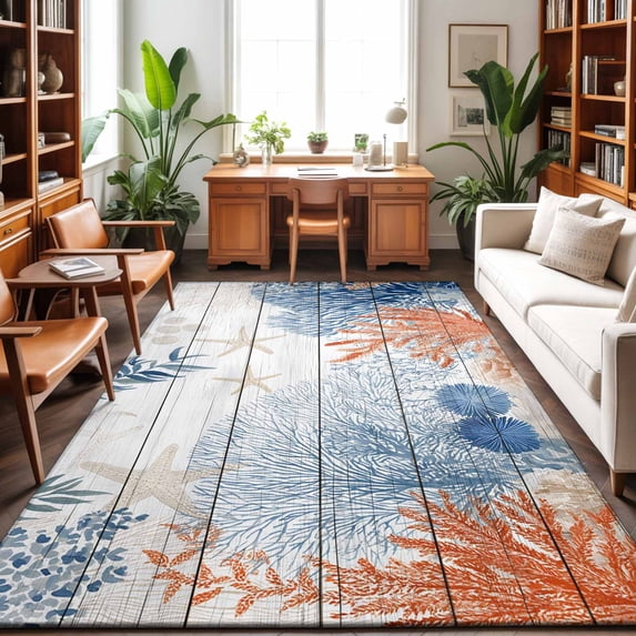 8'x10' Area Rugs, Orange Navy Blue Coral Indoor Outdoor Area Rug for Living Room Bedroom, Summer Beach Coastal Ocean Wooden Washable Bathroom Rugs Kitchen Floor Carpet Mats Home Decor Aesthetic