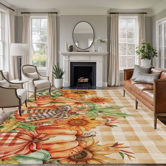 8'x10' Area Rugs, Orange Plaid Thanksgiving Indoor Outdoor Area Rug for Living Room Bedroom, Fall Pumpkins Rustic Washable Bathroom Rugs Kitchen Floor Carpet Mats Home Decor Aesthetic