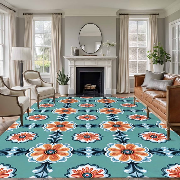 8'x10' Area Rugs, Orange Teal Blue Indoor Outdoor Area Rug for Living Room Bedroom, Modern Abstract Floral Ethnic Washable Bathroom Rugs Kitchen Floor Carpet Mats Home Decor Aesthetic