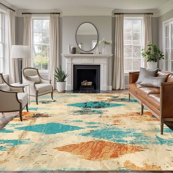 8'x10' Area Rugs, Orange Teal Red Indoor Outdoor Area Rug for Living Room Bedroom, Boho Modern Abstract Splashing Art Washable Bathroom Rugs Kitchen Floor Carpet Mats Home Decor Aesthetic
