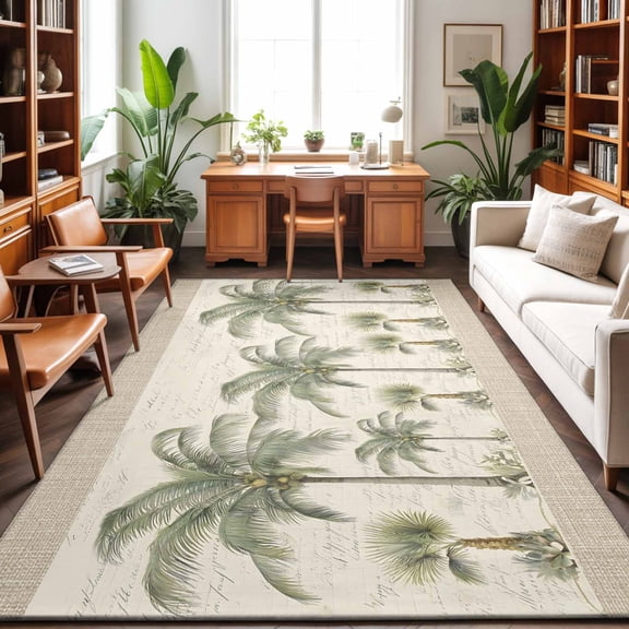 8'x10' Area Rugs, Palm Trees Vintage Indoor Outdoor Area Rug for Living Room Bedroom, Summer Tropical Coastal Beige Washable Bathroom Rugs Kitchen Floor Carpet Mats Home Decor Aesthetic