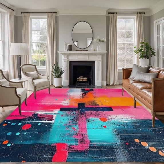 8'x10' Area Rugs, Pink Abstract Art Indoor Outdoor Area Rug for Living Room Bedroom, Modern Oil Painting Washable Bathroom Rugs Kitchen Floor Carpet Mats Home Decor Aesthetic