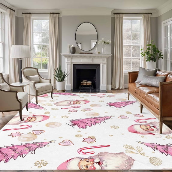 8'x10' Area Rugs, Pink Santa Christmas Indoor Outdoor Area Rug for Living Room Bedroom, Xmas Tree Winter Snowflake Washable Bathroom Rugs Kitchen Floor Carpet Mats Home Decor Aesthetic