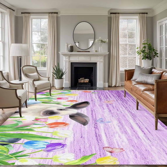 8'x10' Area Rugs, Purple Easter Indoor Outdoor Area Rug for Living Room Bedroom, Spring Botanical Floral Rabbit Butterfly Washable Bathroom Rugs Kitchen Floor Carpet Mats Home Decor Aesthetic