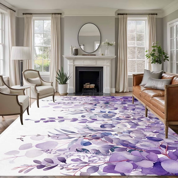 8'x10' Area Rugs, Purple Eucalyptus Leaves Indoor Outdoor Area Rug for Living Room Bedroom, Spring Floral Summer Botanical Washable Bathroom Rugs Kitchen Floor Carpet Mats Home Decor Aesthetic