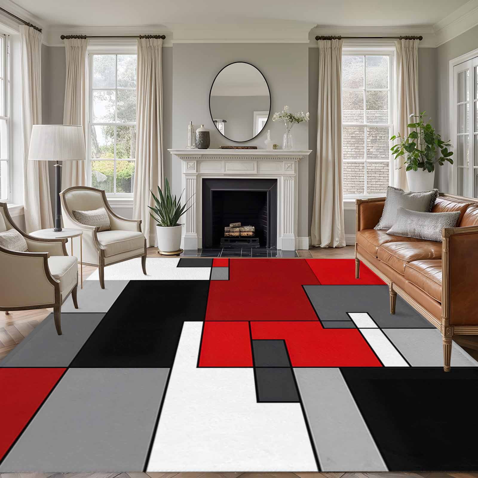 8'x10' Area Rugs, Red Black Grey Indoor Outdoor Area Rug for Living Room Bedroom, Geometric Abstract Modern Irregular Washable Bathroom Rugs Kitchen Floor Carpet Mats Home Decor Aesthetic